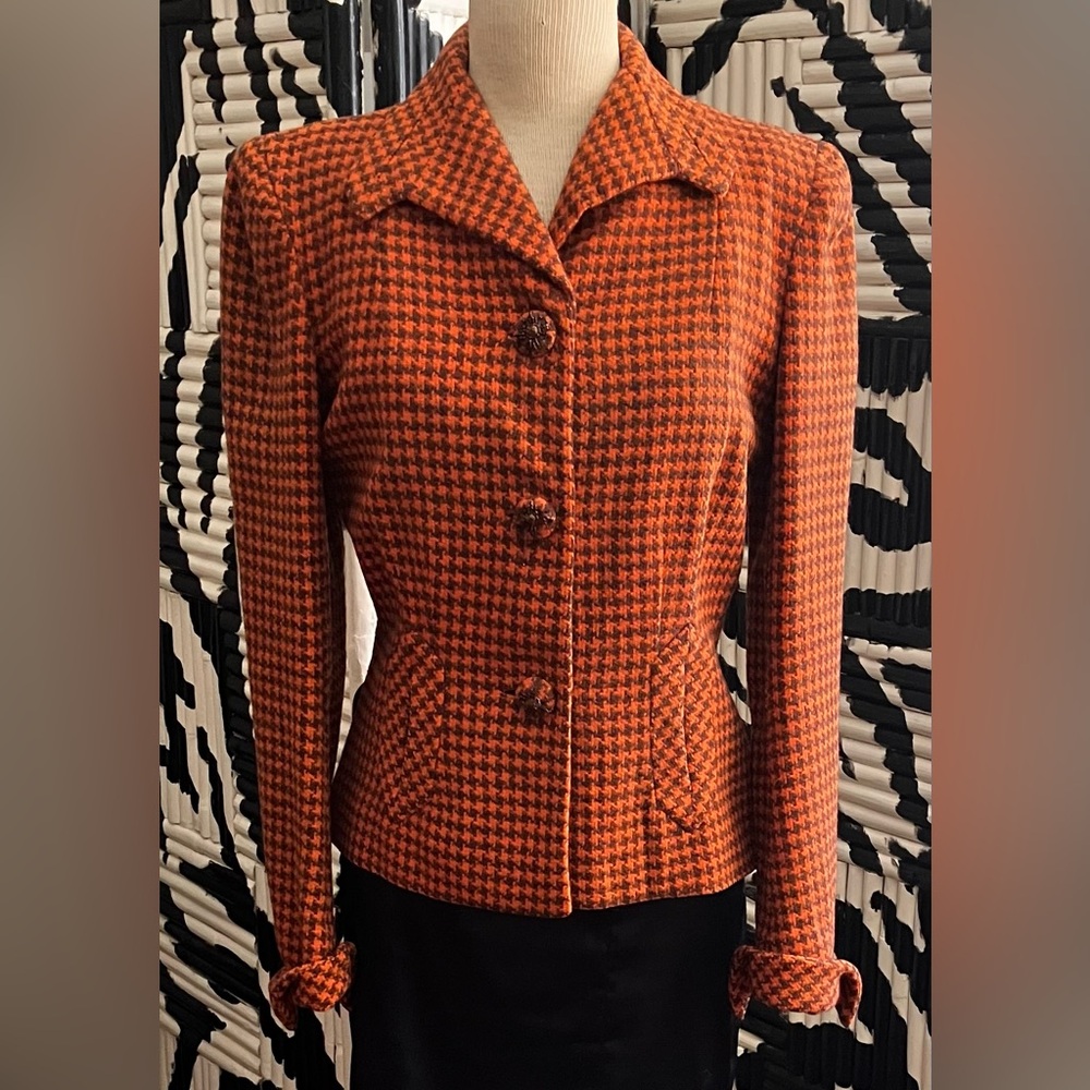 Vintage Therese French Shop Houndstooth Orange and Black Blazer Jacket 1940's